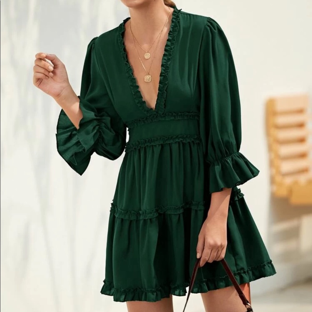 Open back 3/4 long sleeve ruffle tier boho dress - Picture 1 of 5